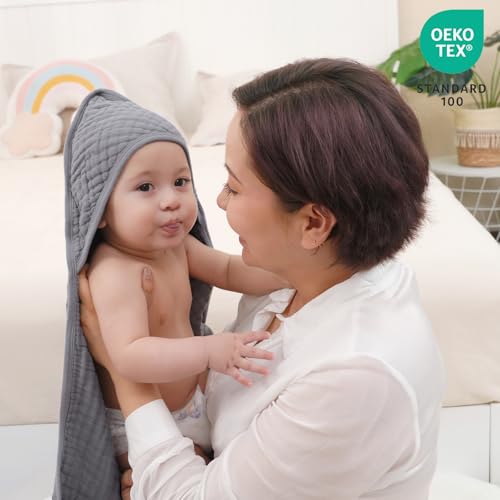 Image of david's kids 2 Pack Hooded Baby Towels, 100% Muslin Cotton 6-Layer Ultra Soft Breathable Absorbent Baby Bath Towels for Infant and Toddler, Newborn Essentials, Large 32x32Inch, White & Grey
