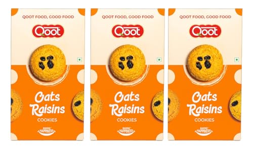 Image of Qoot Oats & Raisins Cookies (Pack of 3 x 200g) | Healthy, Crunchy Nutty Cookies & Biscuits | No Palm Oil, No Preservatives, No White Sugar | Natural, Protein-Rich Snack | Freshly Baked Snacks for Tea, Breakfast & Gifting