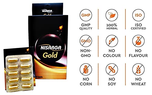Image of Nisarga Gold Shilajit Capsules with Ashwagandha, Kaunch Beej for Strength, Stamina, Vigor supplement | 20 Capsules