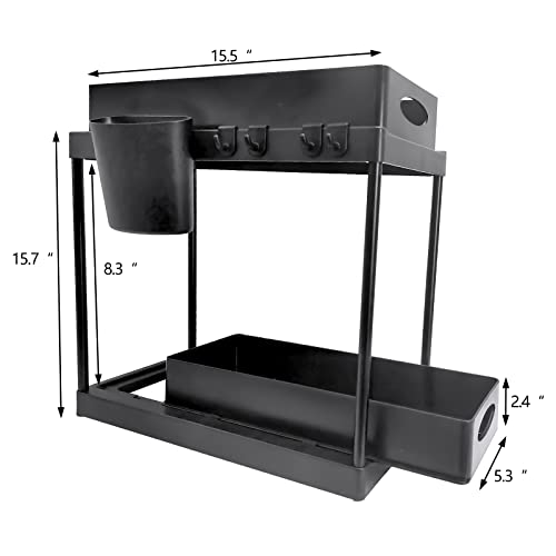 TUOKE Under Sink Organizers Shelf 2 Tier Bathroom Organizer Storage Cabinet Slide-Out With Hanging Baskets 4 Hooks For Bathroom Kitchen Office Countertop Black (Double-layer slide)
