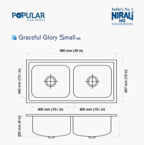 Image of Nirali Kitchen Sink Double Bowl 39 inch x 18 inch 304 Grade Stainless Steel | Sound Proof Double Bowl Kitchen Sink with Waste Coupling Graceful Glory (Glossy Finish, 39 inch x 18 inch)
