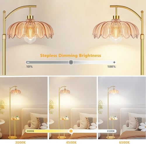 Image of QIYIZM Gold Floor Lamp with Table and Shelves for Living Room Bedroom,Glass Standing Lamp with Remote Dimmable,Boho Brass Tall Lamp Vintage Farmhouse Arc Flower Floor Light Bohemian