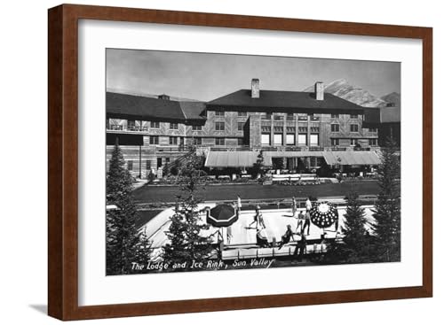 ART.COM Wall Art Print Sun Valley, Idaho - View of Lodge and Ice Rink on Brown Frame by Lantern Press, 22" x 16"