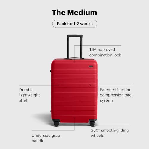 Image of Away Medium Checked Luggage, Lightweight Hard Shell Suitcase with Spinner Wheels, Durable Rolling Luggage, TSA Lock, 26 Inch, Cherry Red
