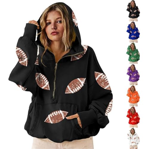 Game Day Sweatshirt Women Football Hoodies Oversized Sequin Graphic Half Zip Hoodie Casual Zipper Sweatshirts