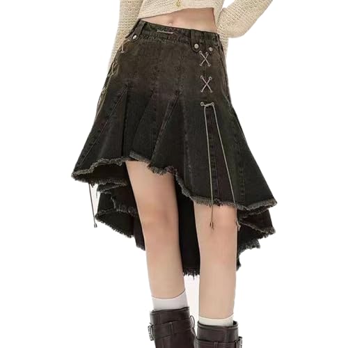 Vintage Distressed Denim Skirt for Women High Low Frayed Raw Hem Jean Midi Skirts