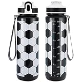EYQ 32 oz Water Bottle with Time Marker, Carry Strap, Leak-Proof Tritan BPA-Free, Ensure You Drink Enough Water for Fitness, Gym, Camping, Outdoor Sports (soccer)