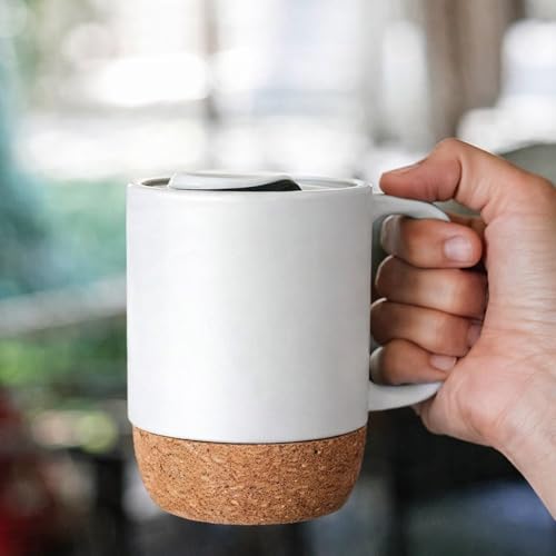 Image of Matte White Ceramic Coffee Mug with Cork Base & Spill-Proof Lid | 350 ml Office & Home Coffee Cup | Mug for Hot & Cold | Anti-Slip Wood Bottom Tea for Desk, Travel & Gifting