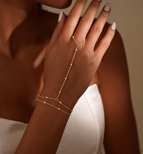 TITUTHIA Gold Bracelets for Women Non Tarnish, Trendy Gold Hand Chain Bracelet Stack 14k Gold Filled Finger Ring Bracelet Hand Chain Layered Beads for Bracelets Set Gold Jewelry Gifts for Women by TITUTHIA - Used condition - Image 4