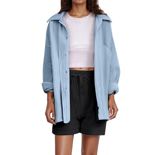 Chemise lin femme blanche manches longues vêtement été coton gaze de mousseline ample style tendance