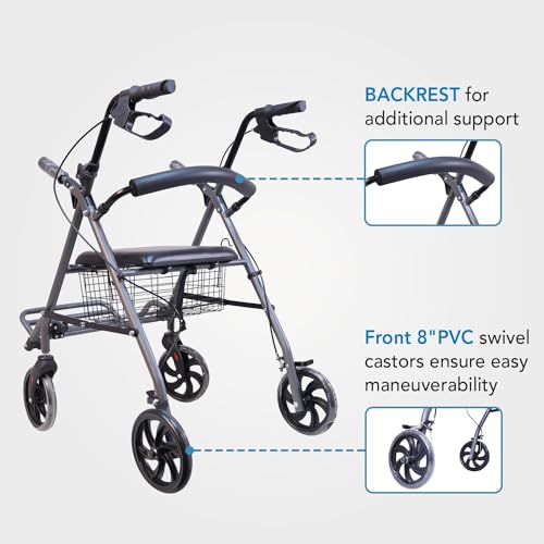 Image of EverActiv Aluminium Rollator Walker for Adults & Seniors with Seat | Easy Foldable Mechanism | Lightweight & Sturdy | Ideal for Elderly & Recovery Use