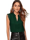DIDK Damen Elegant Bluse mit Spitzen Oberteile Ohne Ärmel Tunika Tops Dirndlbluse Office Oberteil Sommer Blusen Dunkelgrün XL
