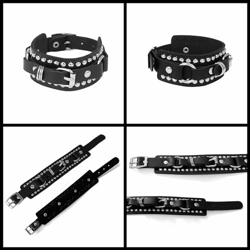 3 Pcs Women's Soft Leather Choker Necklace and Bracelets Wristbands Set, Cool Punk Goth Emo Accessories for Rocker Man4