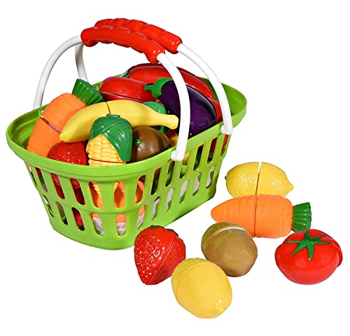 Playkidz: Fruit and Vegetables Basket Pretend Play Kitchen Food Educational Playset with Toy Knife, Cutting Board (32 Pieces of Food Toys)