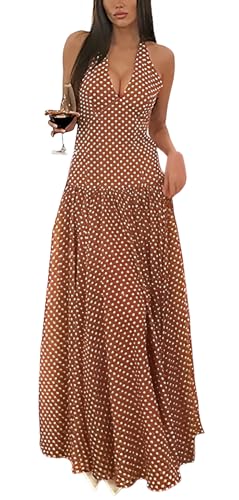 Women's Polka Dot Maxi Dress Halter Neck Sleeveless Drop Waist Flowy Summer Wedding Beach Sundress
