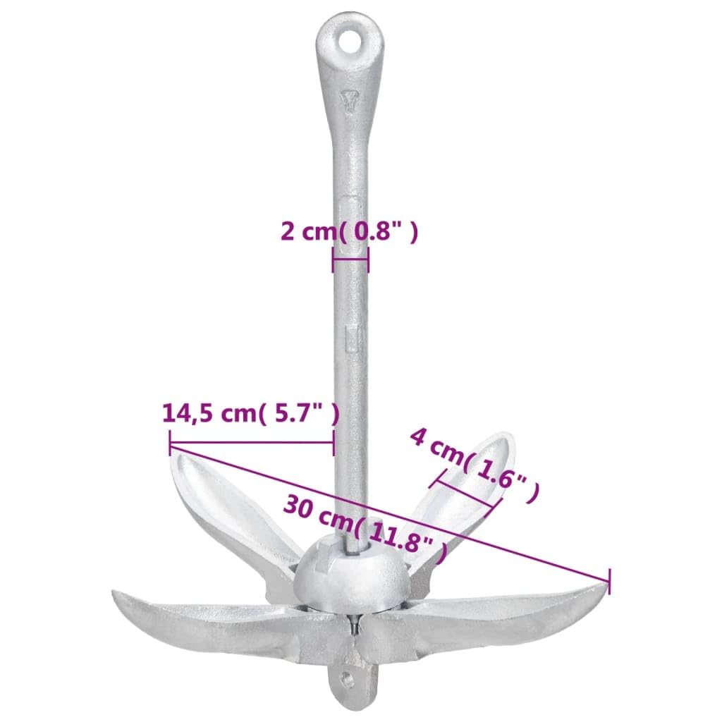 Anclaje plegable de hierro maleable de 2,5 kg con cuerda de 30 m de color plateado para barco, kayak, canoa, bote inflable, velero y motor, arrastre estable de 4 puntos para arena, barro, lago