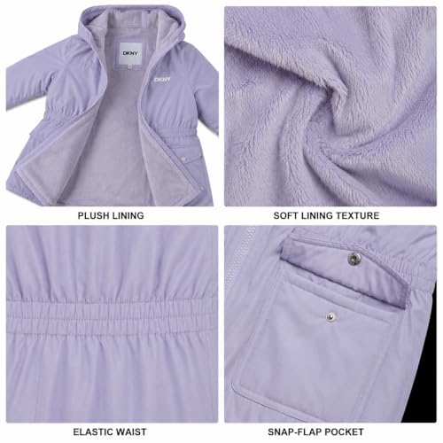 Image of DKNY Girls Midweight Jacket - Cozy Sherpa Fur Lined Water Resistant Hooded Anorak Windbreaker Zip Up Jacket for Girls