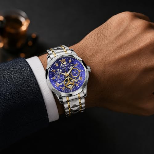 Image of Watch for men,Men's skeletonized quartz watch with black and gold two-tone stainless steel case, analog display, date display, water-resistant, luminous display, men's waterproof quartz watch. (Blue dial, silver strap)