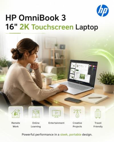 HP OmniBook 3 16 inch Laptop PC, 2K IPS Touchscreen, AMD Ryzen 5 40, 8 GB LPDDR5 RAM, 512 GB SSD, AMD Radeon 610M GPU, Windows 11 Pro, Wi-Fi 6, Glacier Silver - Image 8