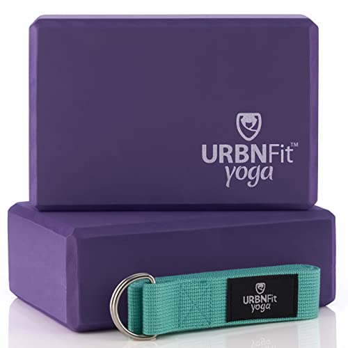 URBNFit Yoga Blocks 2 Pack – Sturdy Foam Yoga Block Set with Strap for Exercise, Pilates Workout, Stretching, Meditation, Stability – High Density Non Slip Brick, Fitness Accessories