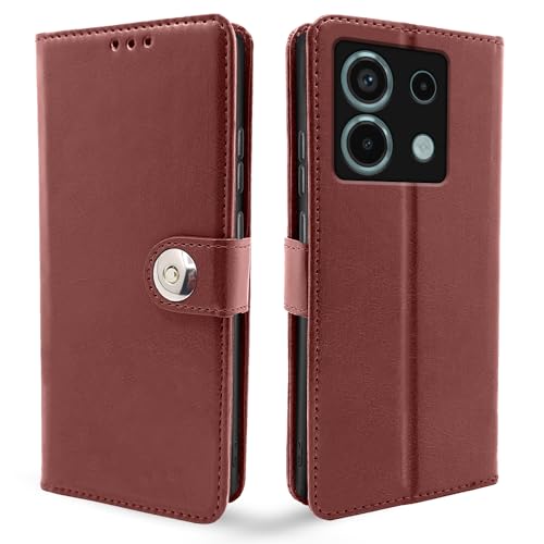 Image of Pikkme Redmi Note 13 Pro 5G Flip Cover Leather Finish | Inside TPU with Card Pockets | Wallet Stand and Shock Proof | Complete Protection Button Flip Case (Brown)