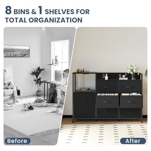 Image of DUMOS TV Stand Dresser with 8 Fabric Drawers & Open Shelf, TV Stand with Wooden Top, Entertainment Center with Charging Station for Living Room, Hallway, Black