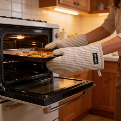 Image of Encasa XO Oven Gloves, Quilted Cooking Mitts, Microwave Safe Ticking Beige | 3-Layer Heat Protection Up to 220C | Non-Slip Grip & Hanging Loop | CE Certified | Set of 2