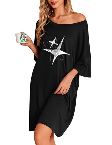 Image of Ekouaer Plus Size Nightgowns for Women Oversized Sleep Shirt Short Sleeve Nightshirt T-Shirt Dress Sleepwear, Black Starlight, Large