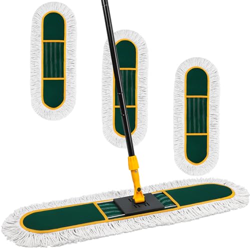 24 Inch Commercial Dust Mop for Floor Cleaning-Heavy Duty Dry & Wet Push Broom with 3 Washable Pads 57 Handle & 360 Swivel Floor Duster for Hardwood Laminate Vinyl Floors & Warehouse