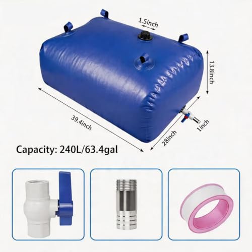 Image of Water Storage Bladder Portable Heavy-Duty - 63.4Gal /240L with Stainless Steel Fittings, Leak-Proof & Durable - Portable Tank for Emergency, Farming, Irrigation Use(Glossy Surface)