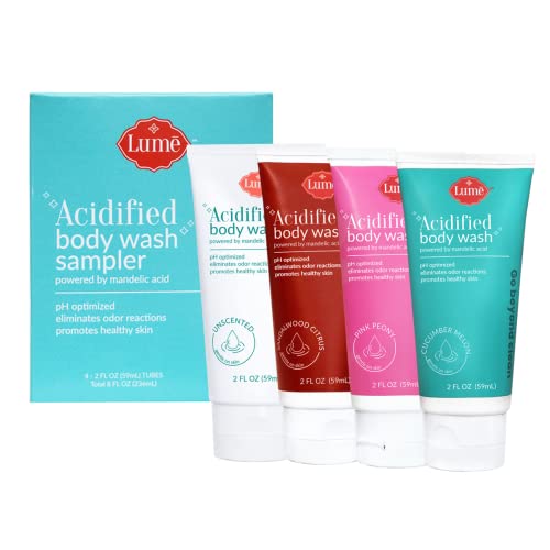 Lume Acidified Body Wash 4 Pack Mini Sampler - Eliminates Odor Reactions, pH Optimized and Promotes Healthy and Soft Skin - 2oz Mini Tubes (Sandalwood Citrus, Pink Peony, Cucumber Melon, Unscented)