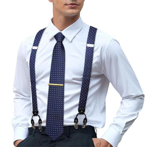 Image of Hi-Tie Men's Suspenders and Tie Set Silk Adjustable Elastic Y Braces with Strong 6 Clips Pocket Square Set