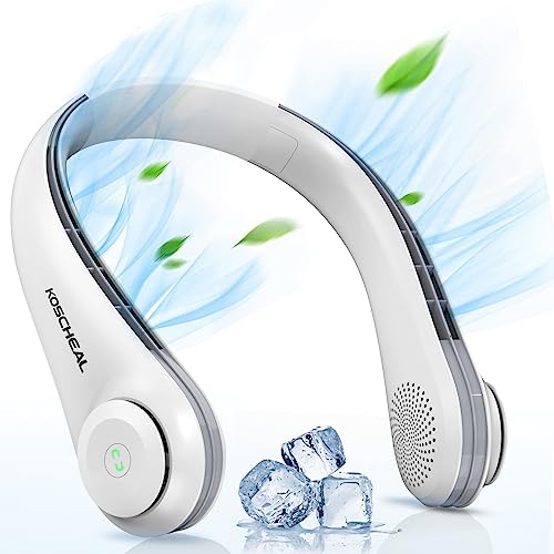 KOSCHEAL Ventilador de Cuello | 5000mAh Ventilador de Colgante|Portátil |sin Aspas Con 3 Velocidades|Cooling Neck Fan Con Flujo De Aire De 360°| Para Deporte Oficina Viajar (Blanco-4000mAh)
