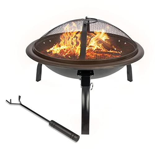 Diaotec Fire Pit, 22in Fire Pit Outdoor Wood Burning Firepit BBQ Grill Steel Fire Bowl with Spark Screen Cover, Log Grate, for Camping Beach