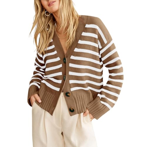 Women's Striped Cardigan V Neck Open Front Sweaters Casual Long Sleeve Button Ribbed Knit Outerwear