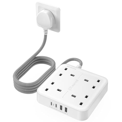 LENCENT Extension Lead with 4 Way Outlets 3250W 13A Power Strip 1.8M Braided Extension Cord 2 USB-C and 2 USB Slots Multi Power Plug Extension for Home and Office White