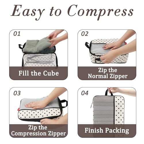 U+U 6 Set Compression Packing Cubes - Ultralight Travel Organizers with Laundry Bag, Space-Saving Suitcase Organizer, Expandable Packing Cubes for Travel, Business Trip and Family Vacation (Polka Dot)