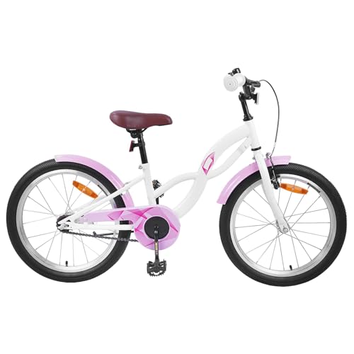 Runheo Bicicleta infantil de 18 pulgadas, color blanco, con marco de acero, asiento ajustable y manillar para 5-7 años de edad, palanca de freno segura, incluye guardabarros y timbre para la vida