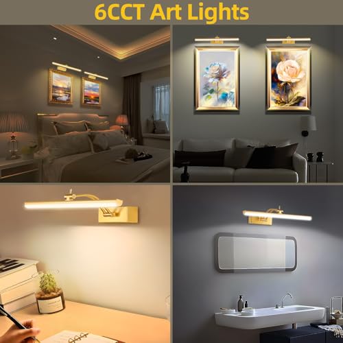 Image of 6 Colors Picture Lights Battery Operated with Remote, 16 inch Cordless Rechargeable Painting Lights with Timer for Wall, 6CCT Dimmable Display Lights for Artwork Gallery Dartboards, 4 Pack (Gold)