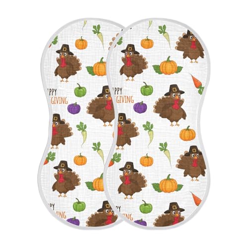 2 Pack Muslin Burp Cloths Thanksgiving Turkey Pumpkin Cotton Baby Burp Cloths Extra Absorbent and Soft Burping Cloth for Newborn Babies Boys Girls, Large 22