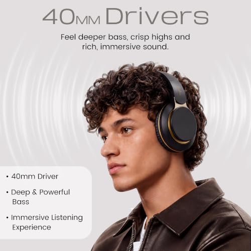 Image of PunnkFunnk FusionBeat Wireless Bluetooth Headphones with BT 5.3, Noise Cancelling, Hi-Res Audio, 40mm Drivers, Deep Bass, Memory Foam Ear Cushions, Over-Ear Headset, Teens & Adults (Black)