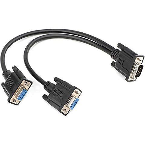 SAISN VGA Y-Splitter Cable, VGA 1 Male to 2 Female Y Cable Dual Monitor Adapter Cable for Duplication Screen Black, 1 Feet Cover