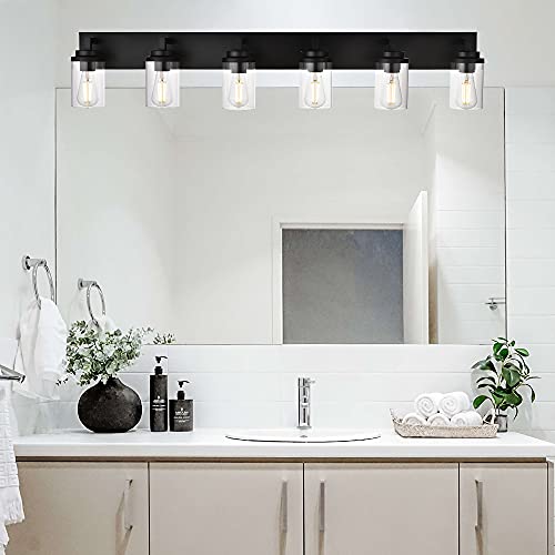 MELUCEE Black Vanity Lights with Clear Glass Shade, 6-Light Modern Bathroom Lighting Fixtures Over Mirror Industrial Wall Mount Light Fixture for Powder Room Kitchen Living Room
