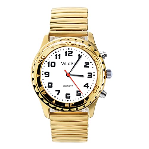 Sprechende Damen-Armbanduhr, spricht Zeit, Datum oder Alarmzeit für ältere Menschen, behinderte Sehkraft oder Blinden. Arabische Zahlen mit goldenem Edelstahl-Erweiterungsband, gold, 🔸 Cover