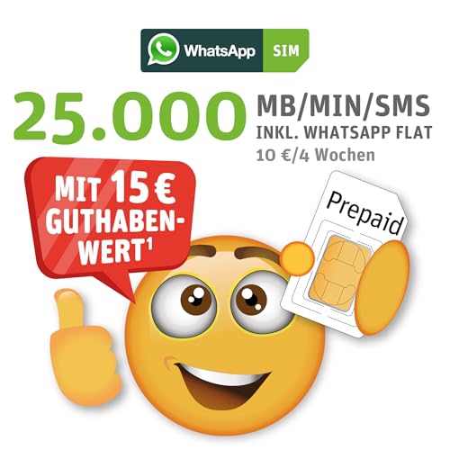 WhatsApp SIM Prepaid - Starterpaket mit 15 EUR Guthabenwert, ohne Vertragsbindung, Option mit 25.000 Einheiten (MB/MIN/SMS), Surf-Geschwindigkeit: 50 MBit/s 5G