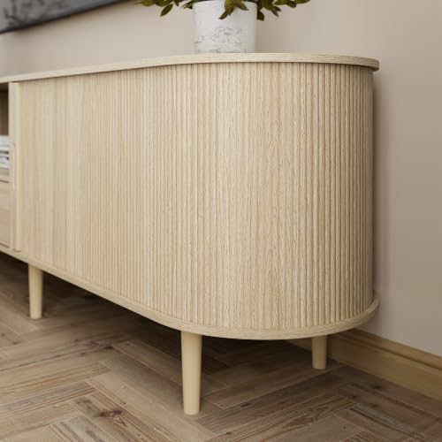 Image of DHH 86.6 inch Fluted TV Stand with Power Outlet for TVs up to 90 inch, TV Console with Adjustable Shelves and Sliding Door,Mid Century Modern Entertainment Center for Living Room,Bedroom (Natural Wood)