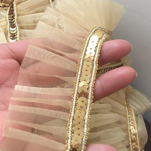 4Yards Gold Lace Fabric Mesh Lace Trim Gold Sequin Fabric For Dresses 1.77In Ribbons Trims Sewing Sequins Accessories #TOP2