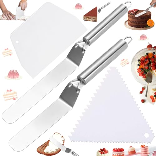 Liekadijiae 4 Pièces Spatules Coudées à Pâtisserie, Spatule à Palette en Acier Inoxydable, Spatule à Palette en Acier Inoxydable avec 2 Grattoir Plastique, Spatule à Gâteau pour la Crème à Tartiner