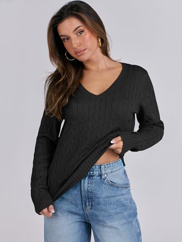 Image of ANRABESS Women's Cable Knit V Neck Fitted Sweaters