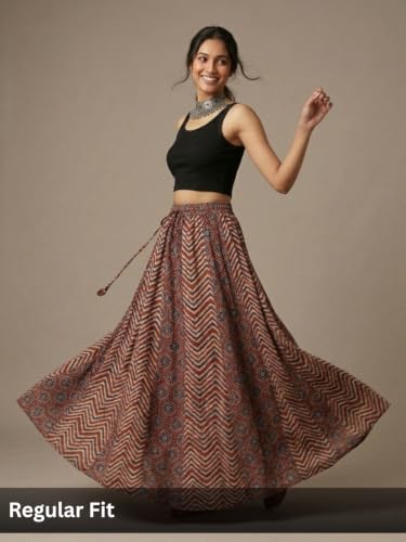 Image of GRECIILOOKS Women's Casual Summer Beach Skirts | Maxi Skirt for Women High Waist | Boho Ethnic Flared Skirts | Indian Long Skirt Rayon Printed | Elastic Waist Long Skirt's for Women